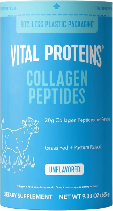 Blue tub of Vital Proteins Collagen Peptides, unflavored, 9.33 ounces, with the label line 20g Collagen Peptides per Serving